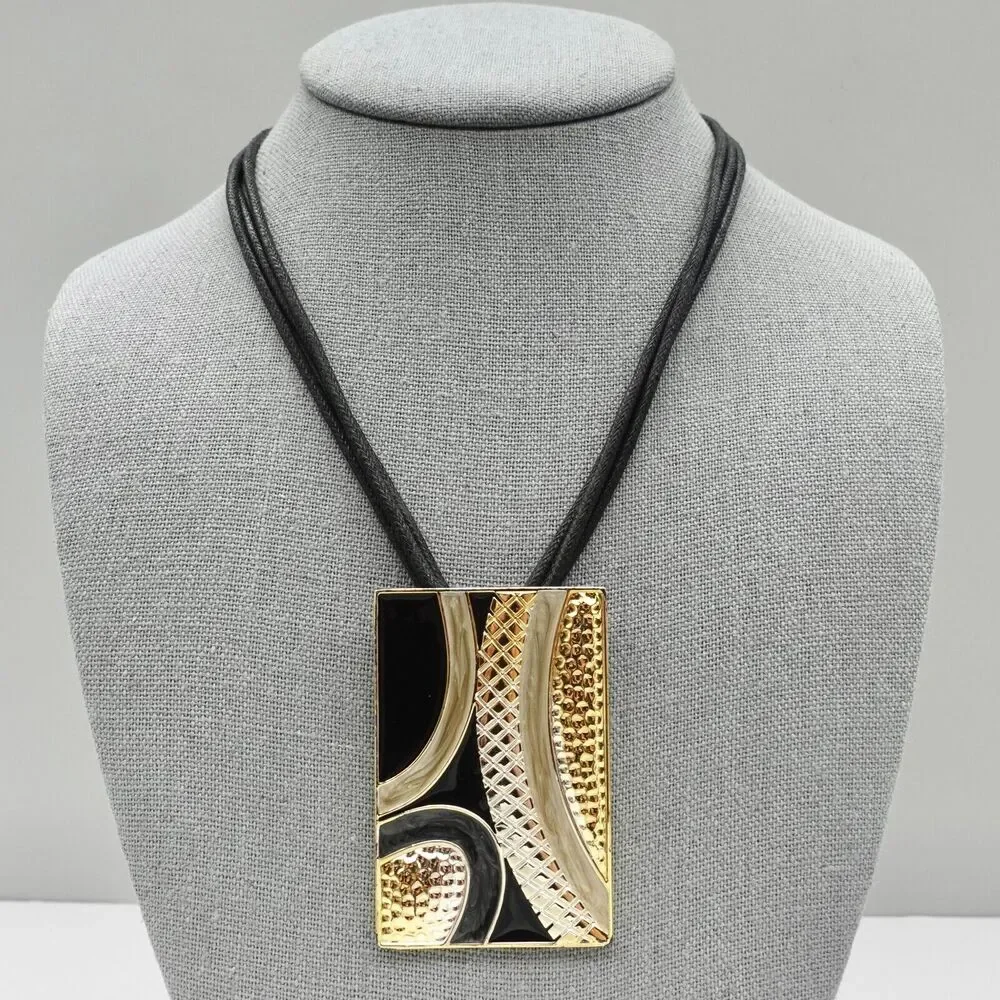 Necklace Boho Rectangle Abstract Pendant Silver Gold Tone Black Enamel 15 Inch